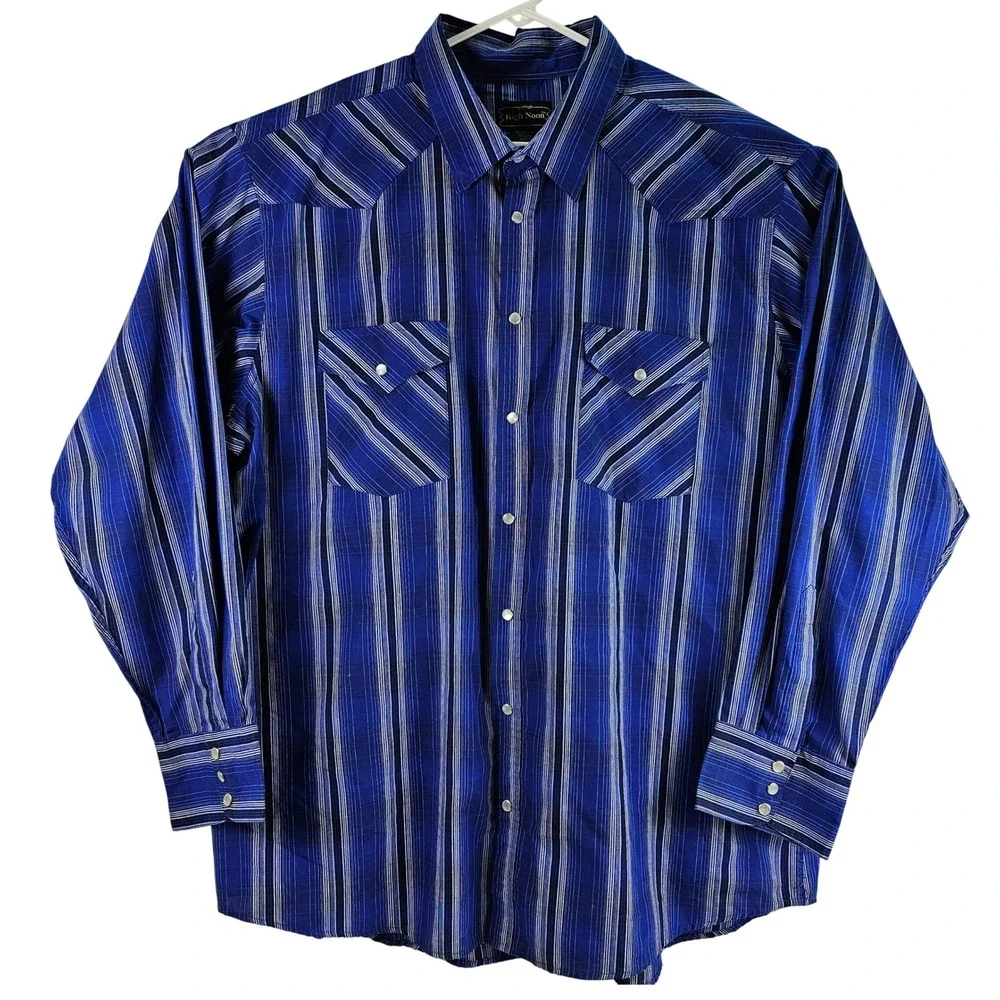 VTG High Noon Western Shirt Men's 2XL Blue‎ Plaid Button Pearl Snap L/S Pocket